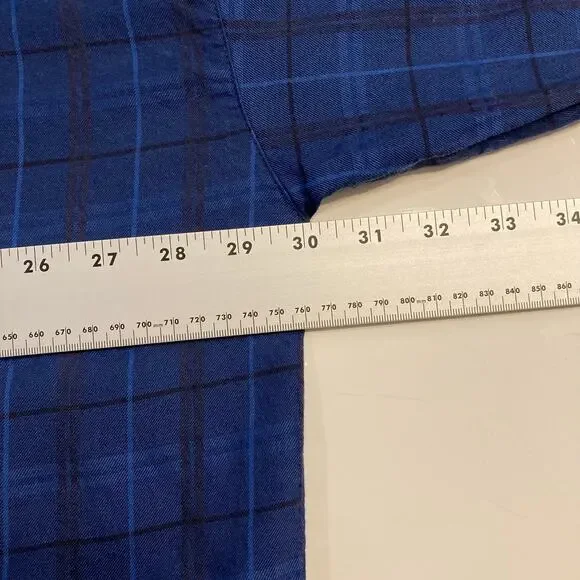 NWOT BLANQUE Top Shirt Tunic One-Size Blue Plaid Button-Up Long-Sleeve Slit-Side